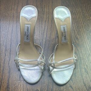 Jimmy Choo Silver Metallic Leather Slide Stiletto Sandals Size 9